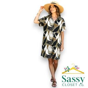 Tahari Linen Blend Floral Shirt Dress L EUC Collared Button Pocket